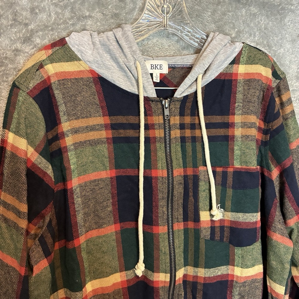 Buckle Mens Plaid Full Zip Hoodie Flannel Shirt L Cozy Cabin Shacket Layering